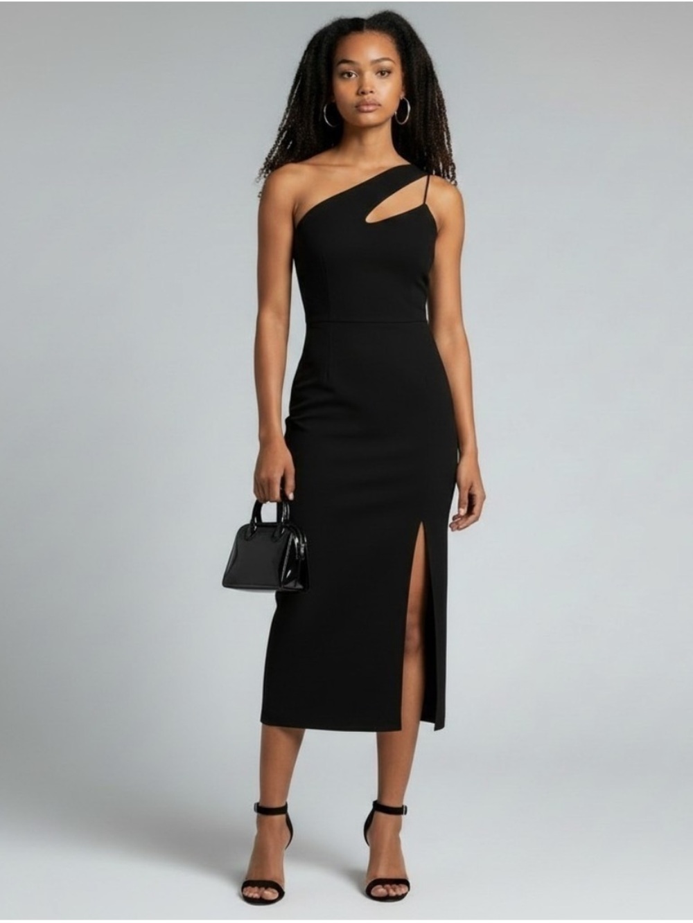 Petal and Pup One-Shoulder Black Midi Dress